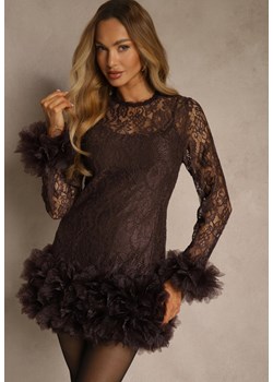 Brązowa Dopasowana Koronkowa Sukienka Koktajlowa z Tiulowymi Aplikacjami Kretalia ze sklepu renee.pl w kategorii Sukienki - zdjęcie 188024682