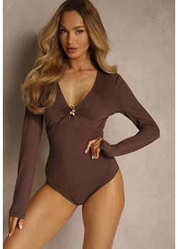 Brązowe Body z Marszczeniem i Metaliczną Ozdobą Feriana ze sklepu renee.pl w kategorii Body damskie - zdjęcie 188024874
