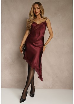 Bordowa Satynowa Sukienka Asymetryczna z Koronką Monoria ze sklepu renee.pl w kategorii Sukienki - zdjęcie 188024880