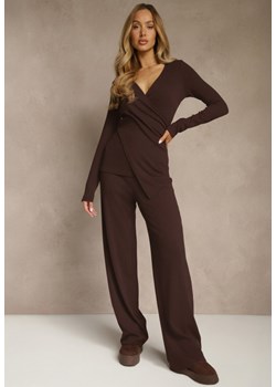 Brązowy Komplet z Bawełny Kopertowa Bluzka Longsleeve i Szerokie Spodnie Amaferia ze sklepu renee.pl w kategorii Komplety i garnitury damskie - zdjęcie 188024884