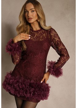 Bordowa Dopasowana Koronkowa Sukienka Koktajlowa z Tiulowymi Aplikacjami Kretalia ze sklepu renee.pl w kategorii Sukienki - zdjęcie 188024904