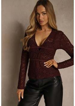 Bordowa Bluzka Longsleeve z Koronki z Dekoltem w Kształcie Litery V Lerafera ze sklepu renee.pl w kategorii Bluzki damskie - zdjęcie 188024914