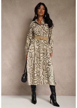 Beżowa Koszulowa Sukienka Snake Print z Wiskozą i Paskiem Bririn ze sklepu renee.pl w kategorii Sukienki - zdjęcie 188025501