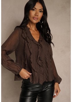 Brązowa Koszulowa Bluzka z Dekoltem V i Falbankami Calomia ze sklepu renee.pl w kategorii Bluzki damskie - zdjęcie 188025521