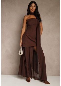 Brązowa Wieczorowa Sukienka Bandeau z Dodatkowym Szalem Meridvia ze sklepu renee.pl w kategorii Sukienki - zdjęcie 188025973