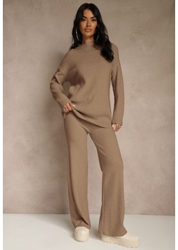 Ciemnobeżowy Komplet z Wełną i Bawełną Szerokie Spodnie i Sweter o Długim Kroju Reilissa ze sklepu renee.pl w kategorii Komplety i garnitury damskie - zdjęcie 188030994