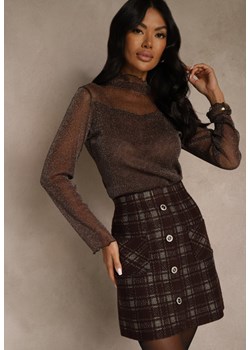 Brązowa Spódnica z Wiskozą z Metalicznymi Przeszyciami i Ozdobnymi Guzikami Sewzela ze sklepu renee.pl w kategorii Spódnice - zdjęcie 188031024