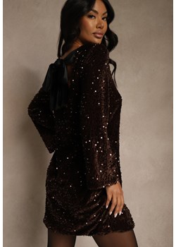 Brązowa Sukienka z Odkrytymi Plecami z Kokardą Zdobiona Cekinami Carilyera ze sklepu renee.pl w kategorii Sukienki - zdjęcie 188031054