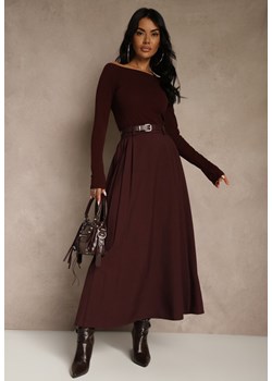 Bordowa Rozkloszowana Spódnica z Wiskozy z Dodatkowym Paskiem z Klamrą Lowedina ze sklepu renee.pl w kategorii Spódnice - zdjęcie 188037843