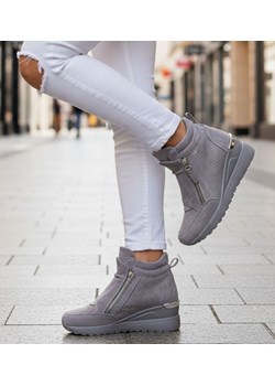 Szare sneakersy damskie na koturnie /B2-2 12852 T890/ ze sklepu Pantofelek24.pl w kategorii Buty sportowe damskie - zdjęcie 188042903