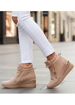 Beżowe sneakersy damskie na koturnie /E3-3 12827 T890/ ze sklepu Pantofelek24.pl w kategorii Buty sportowe damskie - zdjęcie 188042910