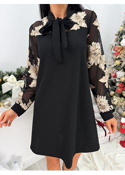 Czarna Sukienka z Ozdobną Siateczką i Wiązaniem przy Szyi ze sklepu ModnaKiecka.pl w kategorii Sukienki - zdjęcie 188052654