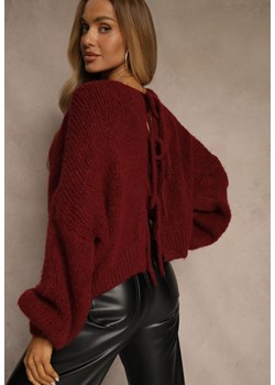 Bordowy Kardigan z Wełną o Kroju Oversize z Wiązanymi Kokardami Elearina ze sklepu renee.pl w kategorii Swetry damskie - zdjęcie 188052983
