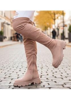 Wysokie zamszowe kozaki z łańcuchem Khaki /A5-1 12724 T707/ ze sklepu Pantofelek24.pl w kategorii Kozaki damskie - zdjęcie 188066202