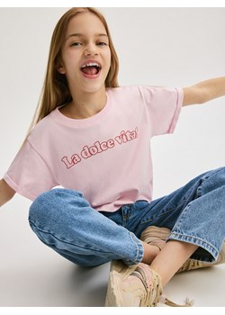 Reserved - Bawełniany t-shirt z nadrukiem - różowy ze sklepu Reserved w kategorii Bluzki dziewczęce - zdjęcie 188066632