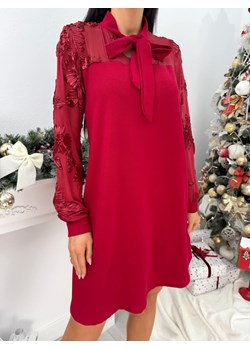 Czerwona Sukienka z Wiązaniem i Ozdobną Siateczką ze sklepu ModnaKiecka.pl w kategorii Sukienki - zdjęcie 188067431
