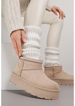 Ciemnobeżowe Śniegowce na Grubej Podeszwie Zdobione Haftem Sewnella ze sklepu born2be.pl w kategorii Śniegowce damskie - zdjęcie 188068014