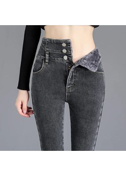 Ocieplane damskie jeansy z wysokim stanem - Szary XS ze sklepu Intimica.pl w kategorii Jeansy damskie - zdjęcie 188081242