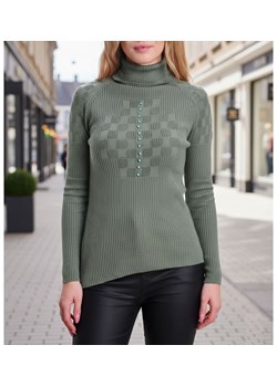 Oliwkowo zielony damski golf z guziczkami /D1-1 UB380 T197/ ze sklepu Pantofelek24.pl w kategorii Bluzki damskie - zdjęcie 188102274