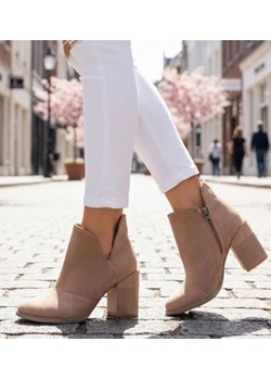 Botki damskie na szerokim słupku Khaki /D1-2 +H2 7050 T198/ ze sklepu Pantofelek24.pl w kategorii Botki - zdjęcie 188102630