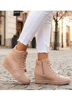 Beżowe sneakersy damskie na koturnie /B6-2 12824 T796/ ze sklepu Pantofelek24.pl w kategorii Botki - zdjęcie 188102711