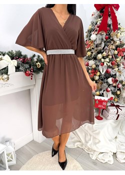 Czekoladowa Szyfonowa Sukienka z Kopertowym Dekoltem ze sklepu ModnaKiecka.pl w kategorii Sukienki - zdjęcie 188104941