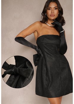 Czarna Koktajlowa Sukienka Bez Ramiączek Taliowana z Brokatem i Kokardą Salindria ze sklepu renee.pl w kategorii Sukienki - zdjęcie 188105910