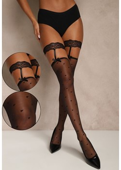 Czarne Pończochy Samonośne z Motywem Serc Ozdobione Kokardkami i Koronką Aeririal ze sklepu renee.pl w kategorii Pończochy - zdjęcie 188105931