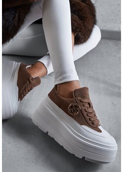 Brązowo-Białe Chunky Sneakersy Vices na Platformie z Okrągłym Detalem Sedvira ze sklepu renee.pl w kategorii Buty sportowe damskie - zdjęcie 188114511