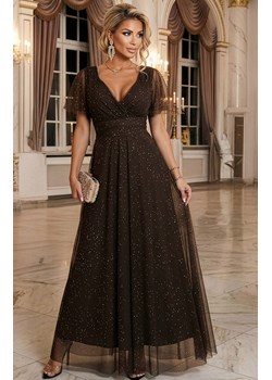 Długa błyszcząca suknia z krótkim rękawkiem czekoladowa 635-4 MELANIA, Kolor czekoladowy, Rozmiar one size, NUMOCO BASIC ze sklepu Primodo w kategorii Sukienki - zdjęcie 188121232