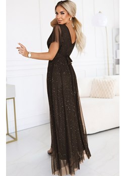 Długa błyszcząca suknia z krótkim rękawkiem czekoladowa 635-4 MELANIA, Kolor czekoladowy, Rozmiar one size, NUMOCO BASIC ze sklepu Primodo w kategorii Sukienki - zdjęcie 188121233