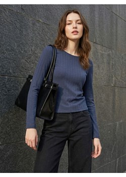 Sinsay - Bawełniana prążkowana bluzka z długim rękawem - niebieski ze sklepu Sinsay w kategorii Bluzki damskie - zdjęcie 188123821