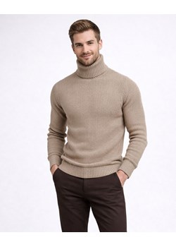 Ciepły sweter męski z golfem wełniany beżowy Recea ze sklepu Recea.pl w kategorii Swetry męskie - zdjęcie 188136513