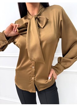 Brązowa Satynowa Koszula z Wiązaniem przy Dekolcie ze sklepu ModnaKiecka.pl w kategorii Koszule damskie - zdjęcie 188144824