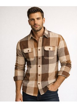 Koszula flanelowa męska w kratę beżowo-brązowa Recea ze sklepu Recea.pl w kategorii Koszule męskie - zdjęcie 188153461