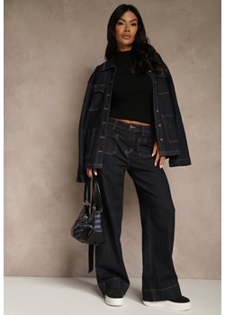 Granatowe Szerokie Jeansy z Bawełną High Waist Ozdobione Kieszeniami Lalla ze sklepu renee.pl w kategorii Jeansy damskie - zdjęcie 188153914