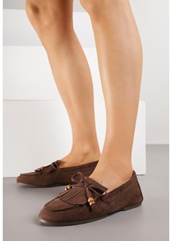 Brązowe Mokasyny z Koralikami Kokardą i Frędzlami Nahda ze sklepu renee.pl w kategorii Mokasyny damskie - zdjęcie 188154114
