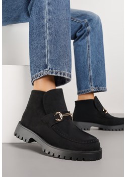 Czarne Botki w Stylu Loafersów Zdobione Metaliczną Aplikacją Aqianey ze sklepu renee.pl w kategorii Botki - zdjęcie 188154204