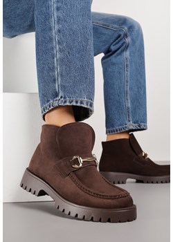 Brązowe Botki w Stylu Loafersów Zdobione Metaliczną Aplikacją Aqianey ze sklepu renee.pl w kategorii Botki - zdjęcie 188154213