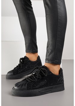 Czarne Sneakersy z Tłoczeniami na Nosku Zdobione Cyrkoniami Jadefesa ze sklepu born2be.pl w kategorii Buty sportowe damskie - zdjęcie 188154400