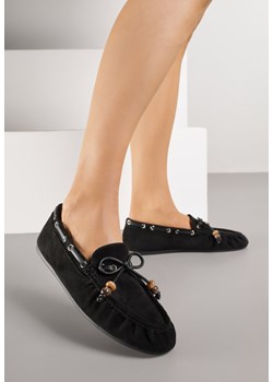 Czarne Mokasyny z Ozdobnymi Przeszyciami Koralikami i Kokardą Mountainthorne ze sklepu born2be.pl w kategorii Mokasyny damskie - zdjęcie 188154763