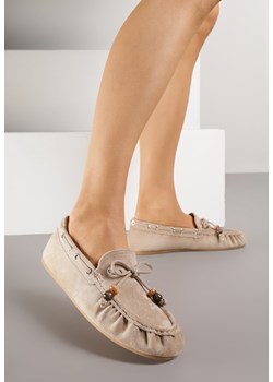 Ciemnobeżowe Mokasyny z Ozdobnymi Przeszyciami Koralikami i Kokardą Mountainthorne ze sklepu born2be.pl w kategorii Mokasyny damskie - zdjęcie 188154772