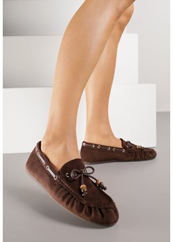 Brązowe Mokasyny z Ozdobnymi Przeszyciami Koralikami i Kokardą Mountainthorne ze sklepu born2be.pl w kategorii Mokasyny damskie - zdjęcie 188154781
