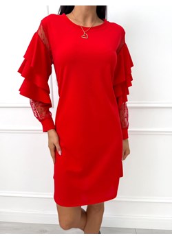 Czerwona Sukienka z Falbankami na Rękawach ze sklepu ModnaKiecka.pl w kategorii Sukienki - zdjęcie 188244001
