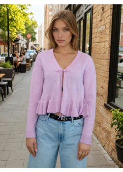 Sinsay - Kardigan z wiązaniem i dekoracyjną falbaną z domieszką wełny - różowy ze sklepu Sinsay w kategorii Swetry damskie - zdjęcie 188332372
