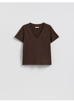 Reserved - T-shirt regular z dekoltem V - ciemnobrązowy ze sklepu Reserved w kategorii Bluzki damskie - zdjęcie 188338502