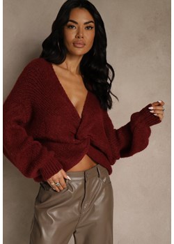 Bordowy Oversizowy Sweter z Dodatkiem Wełny Zdobiony Węzłem Lawedana ze sklepu renee.pl w kategorii Swetry damskie - zdjęcie 188347420