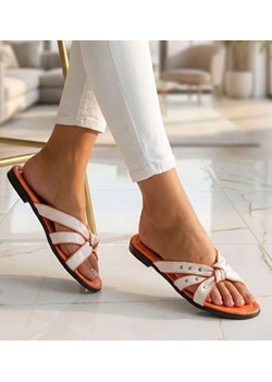 Pomarańczowo białe klapki na płaskim obcasie /H2 14339 T005/ ze sklepu Pantofelek24.pl w kategorii Klapki damskie - zdjęcie 188357881