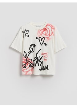 Reserved - T-shirt z nadrukiem - złamana biel ze sklepu Reserved w kategorii Bluzki dziewczęce - zdjęcie 188373343