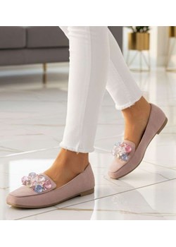 Stylowe balerinki lordsy z kamieniami Khaki /C6-2 14084 T488/ ze sklepu Pantofelek24.pl w kategorii Mokasyny damskie - zdjęcie 188380260